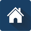 Residential icon depicted by a white house on a navy blue square