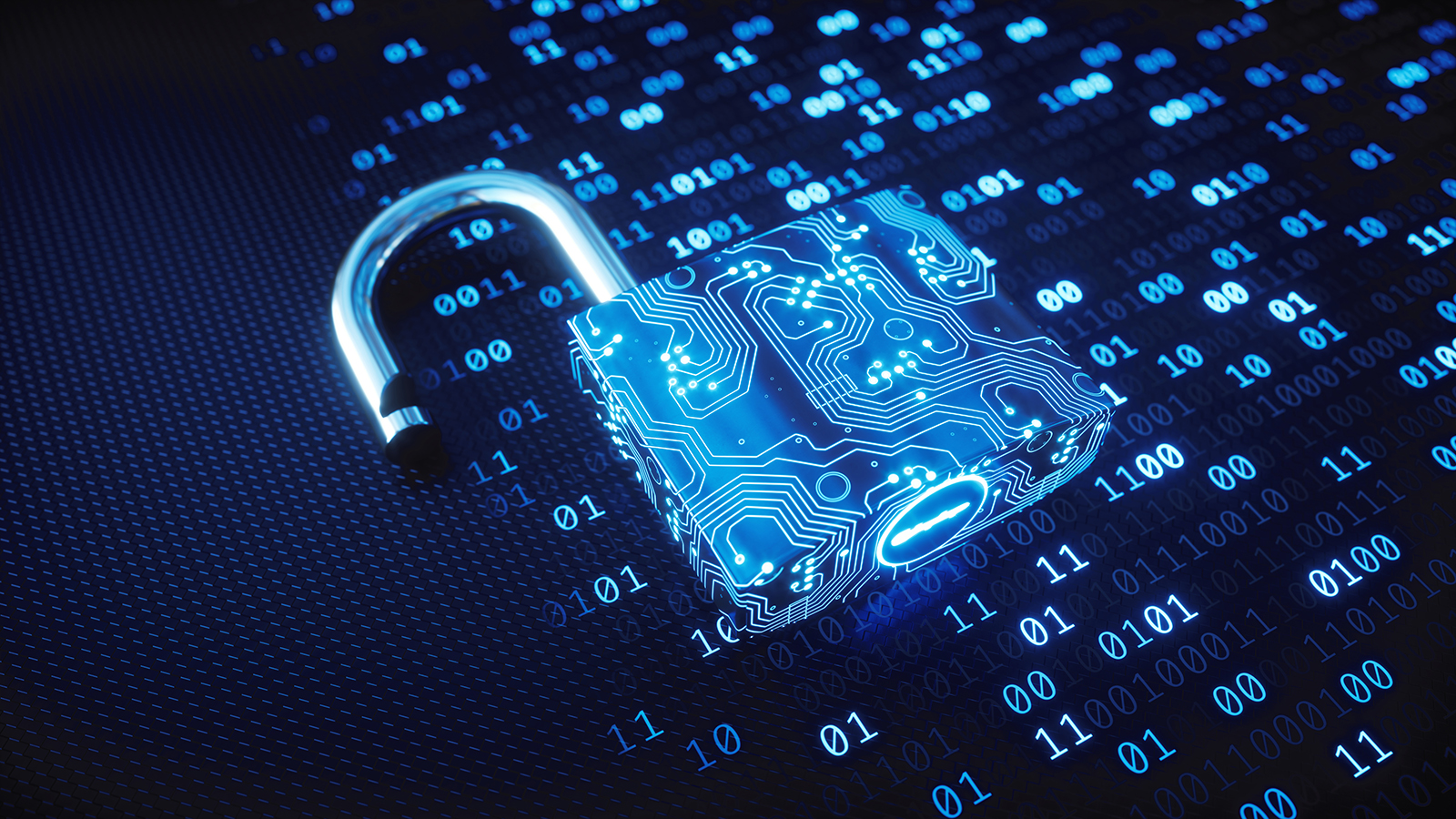 Cyber security graphic featuring lock and binary code