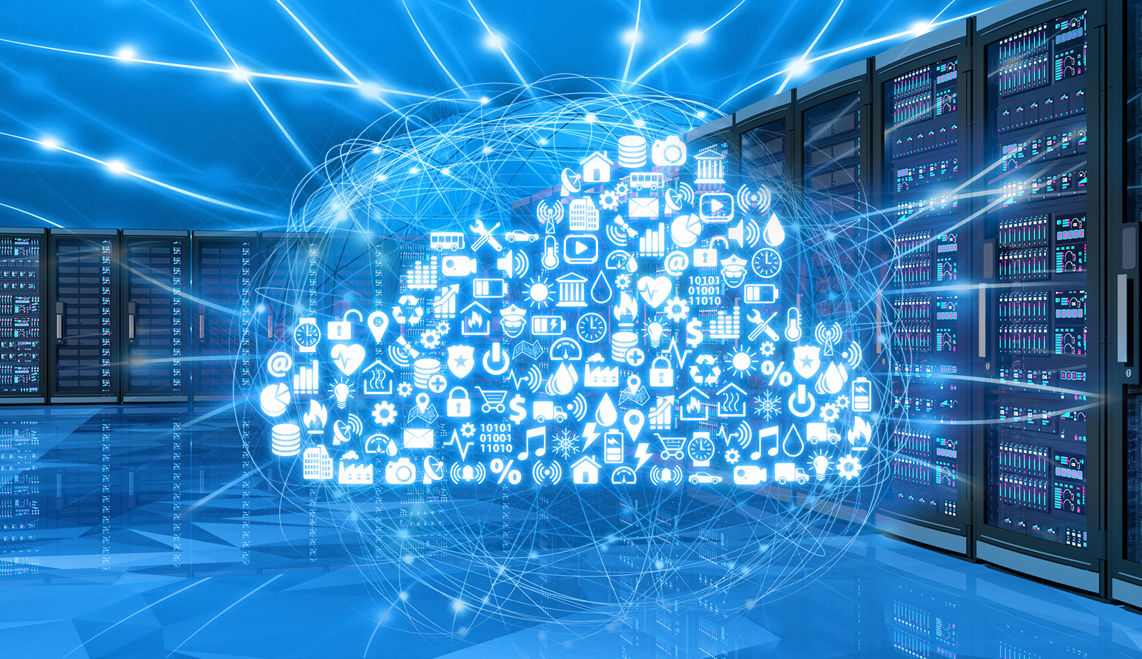 Computers cabinets aligned in a data center server room, illuminated by blue light. Servers are connected with a cloud shaped set of icons with symbols of services, activities and data driving a computer network and cloud computing cyberspace.Internet of Things. Digitally generated image. Blue background.
