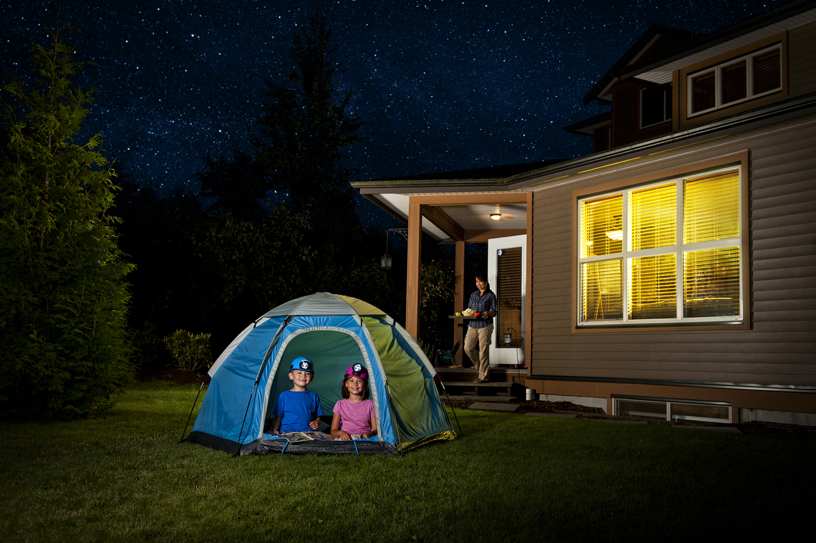 kids camping in back garden