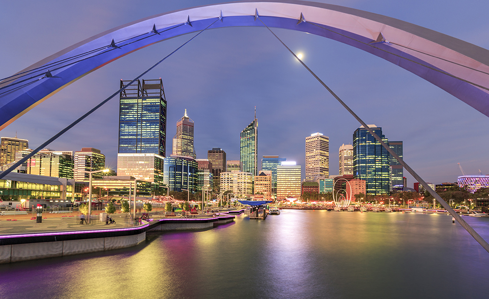 Elizabeth Quay Perth Western Australia just after sunset with the moon in the sky