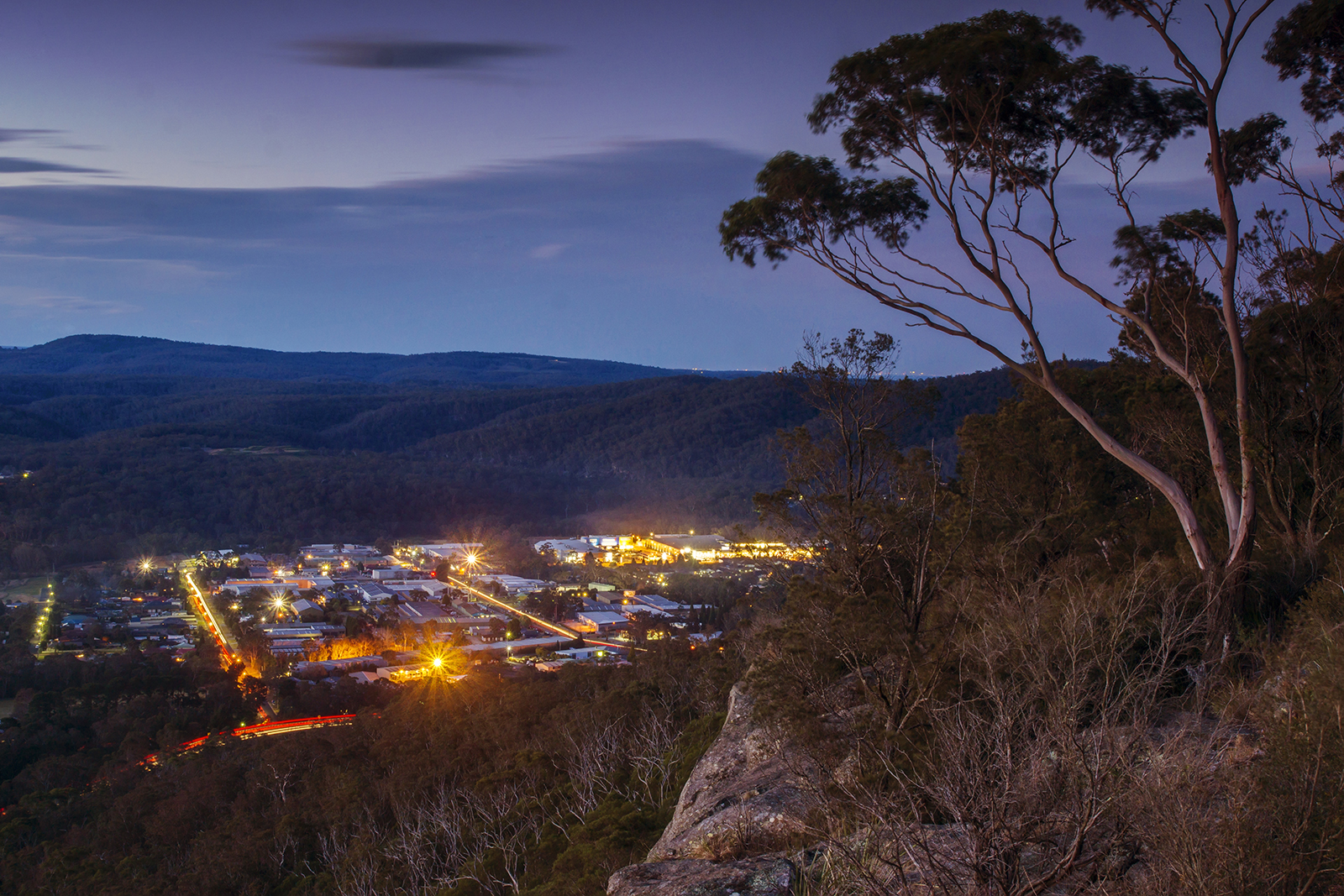 Mittagong, Southern Highlands, NSW, from the Jellore Lookout at dusk.