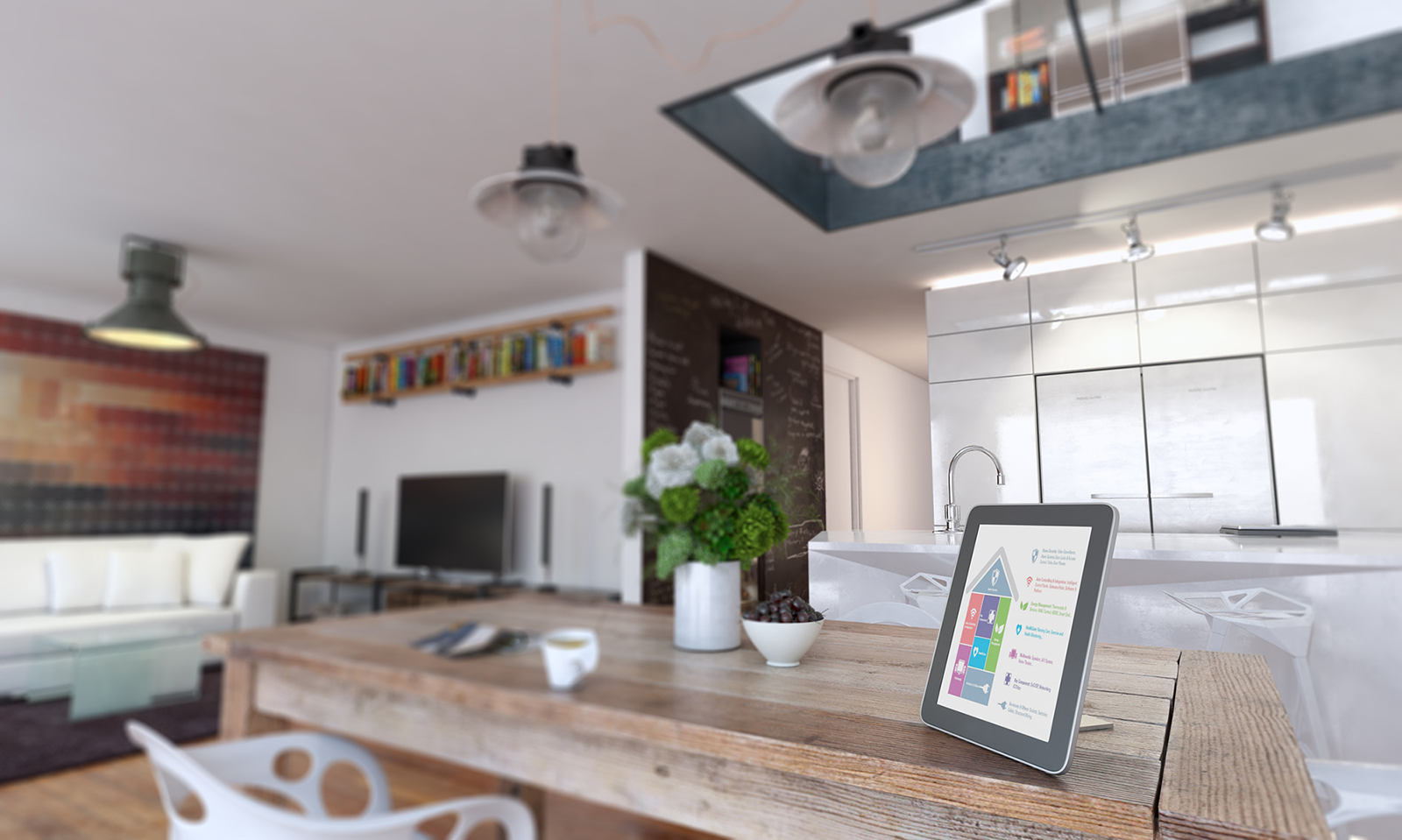 Kitchen area with wooden table featuring a smart home control tablet.
